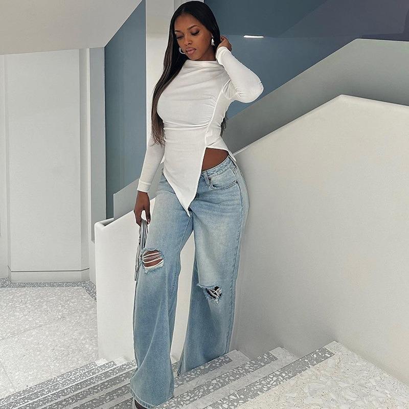 Women's Tight Round Neck Pullover Solid Colour Long Sleeve Pleated Irregular T-Shirt