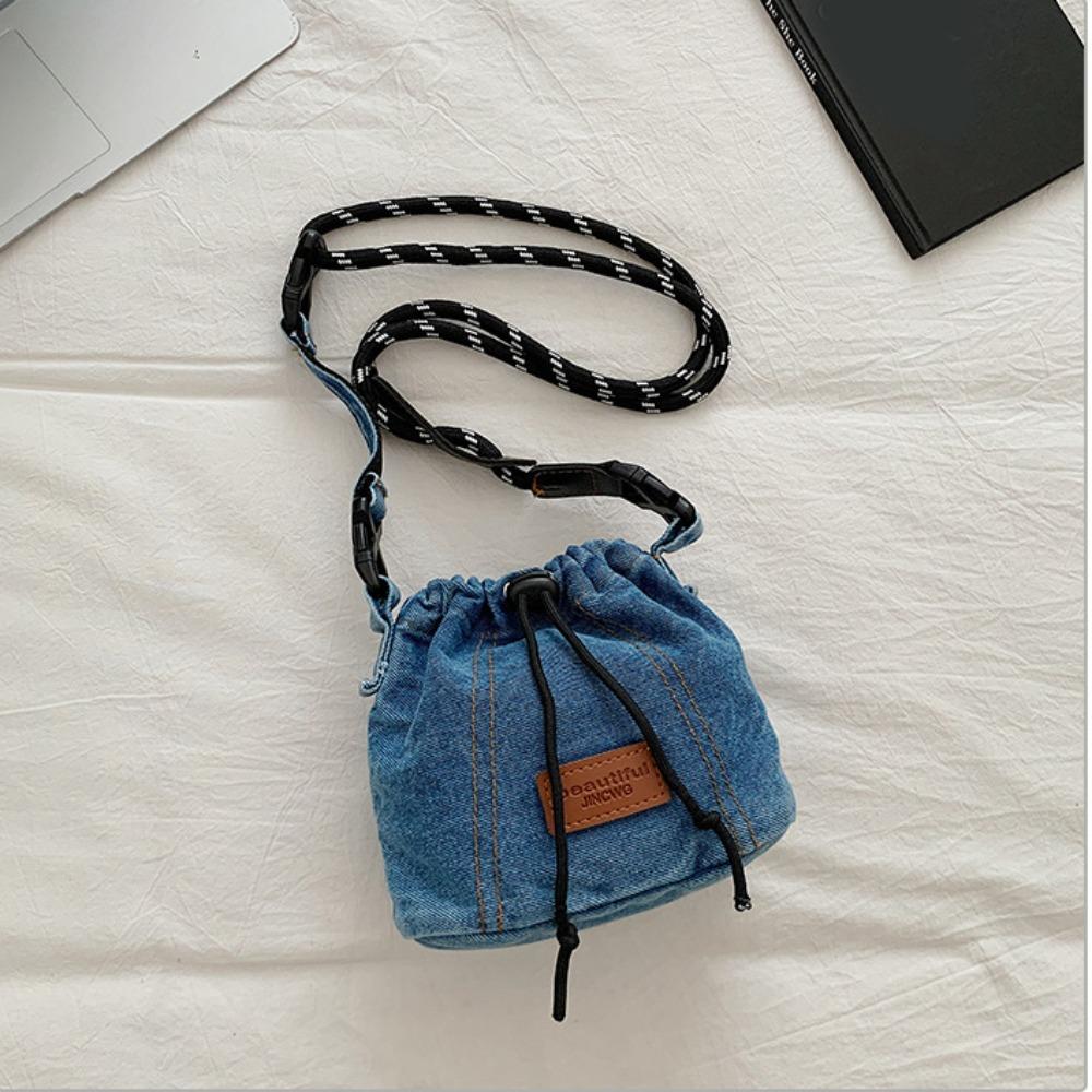 Large Capacity Drawstring Crossbody Bag Solid Color Jeans Shoulder Bag Denim Canvas Bag  Women