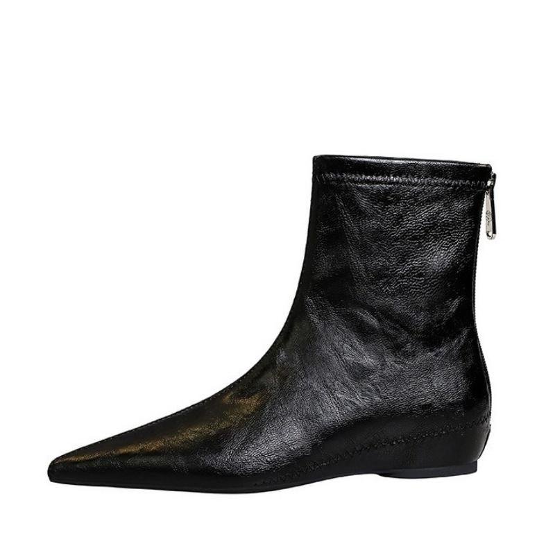 

TRAF Woman Black Faux Leather Ankle Boots Sexy Point Head Inner Heel Wedges Shoes 2024 Winter Fashion Back Zippers Chelsea Boots 36