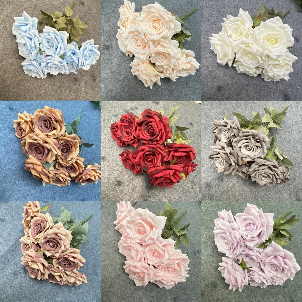 9 Head Rose Faux Flower Bouquet For Wedding Decor Home Staging Photography Props