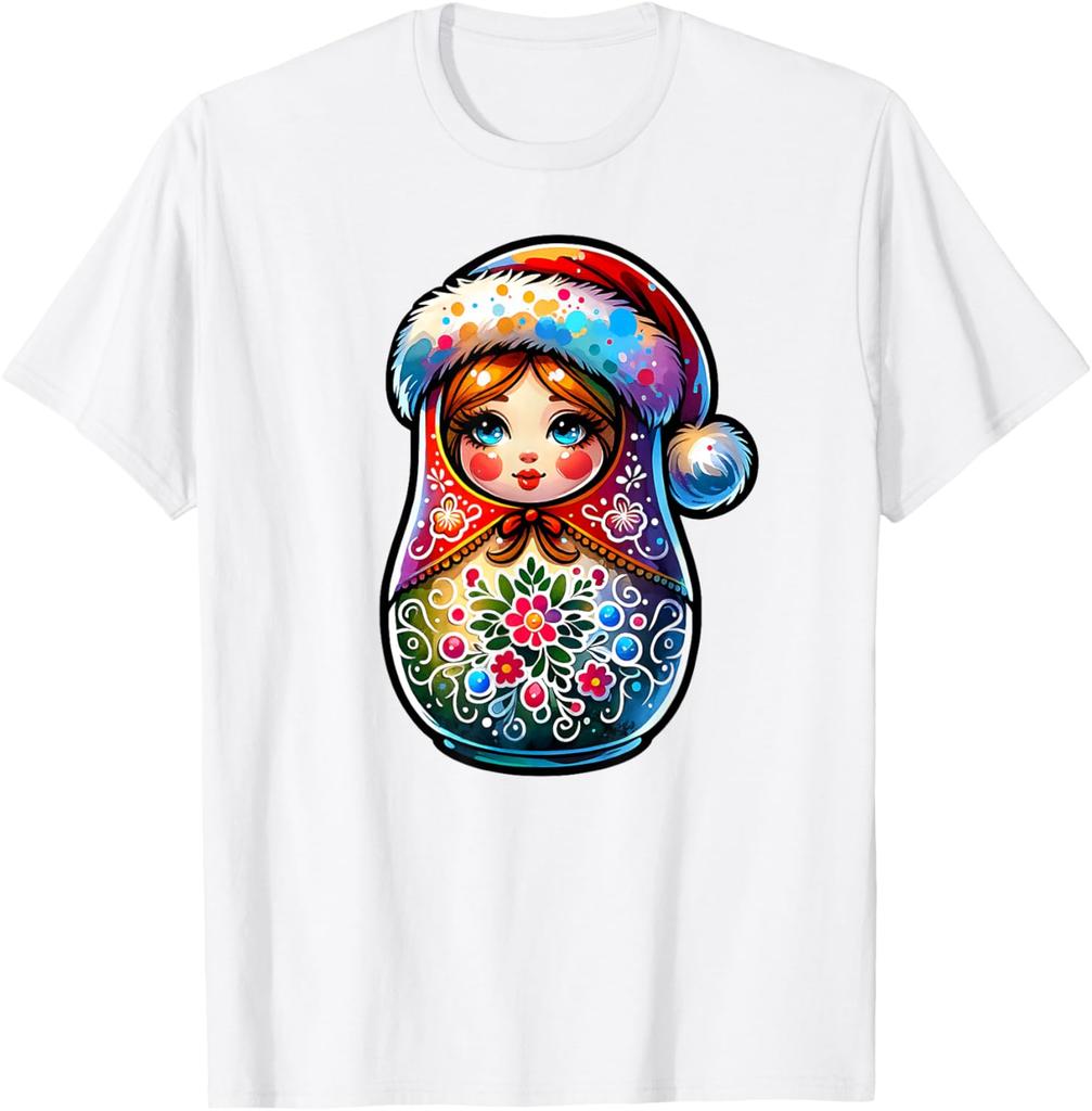 Christmas Matryoshka Doll Graphic Tee Breathable Short Sleeve Casual Round Neck T-Shirt