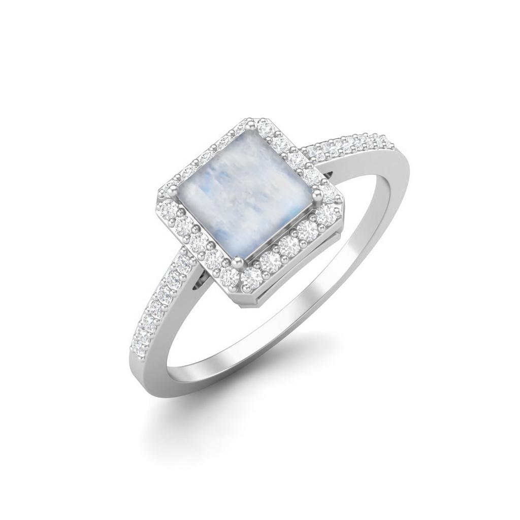 6 MM Square Shape Moonstone Halo Accent 925 Sterling Silver Women Wedding Engagement Ring