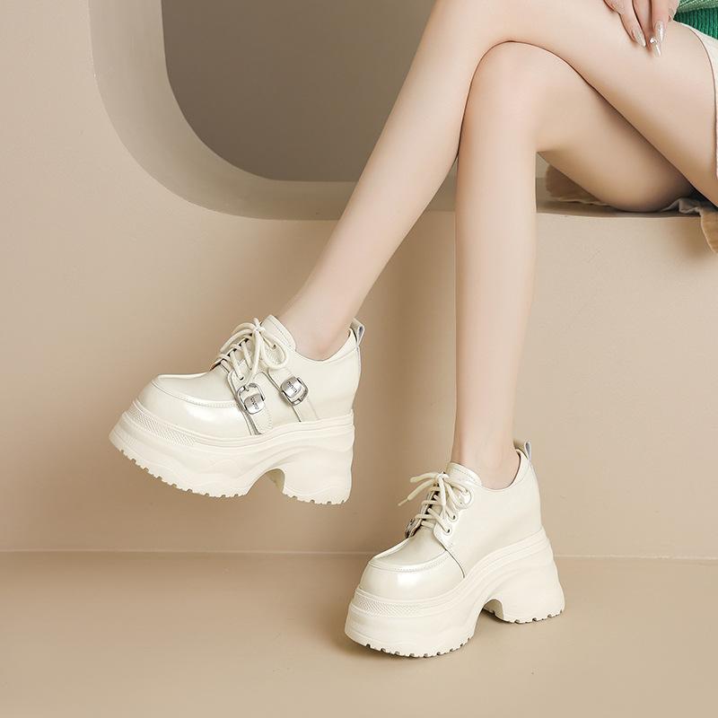 12Cm round head muffin thick-soled leather single shoes women's 2025 new small super high heel lace-up inner height-increasing leather shoes
