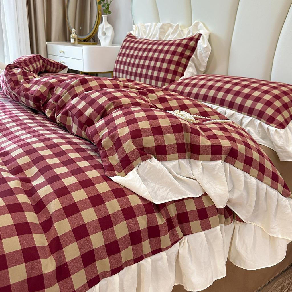 Retro Lace Washed Cotton 4-Piece French Bedding Set: Bed Sheet, Duvet Cover, Fitted Sheet - 2026 Design for Dormitory Style