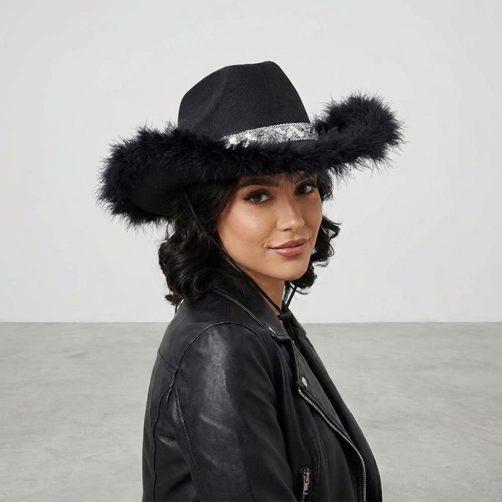 Furry Trim Western Cowboy Hat Solid Color Top Hat Fashion Sequin Cowgirl Hat Stage Performance