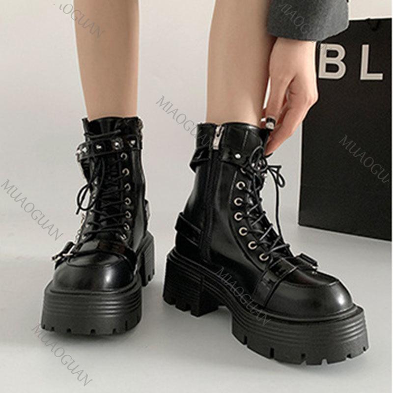 Fashion Thick Bottom Motorcycle Short Boots Autumn Women Shoes Black Punk Style High Heels Sweet Cool Metal Round Toe Female Ankle Boots
