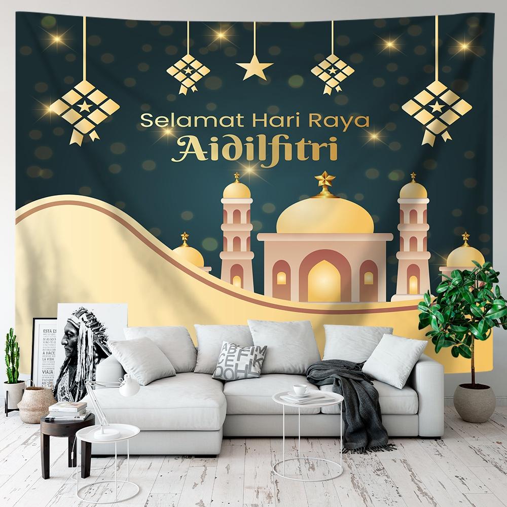 VIKAMA Green Gold Mosque Tapestry Ramadan Kareem Ramadan Wall Hanging Islamic Bedroom Decor Washable Art for Living Room