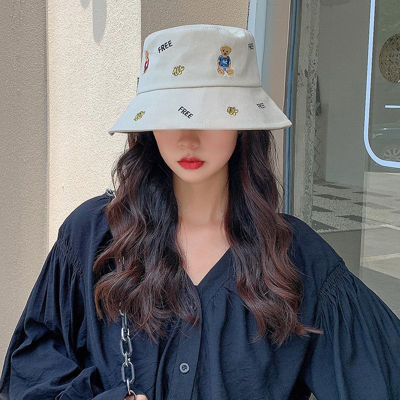 Bear fisherman hat children summer leisure outdoor embroidery cartoon basin hat showing face small sun protection sun hat men