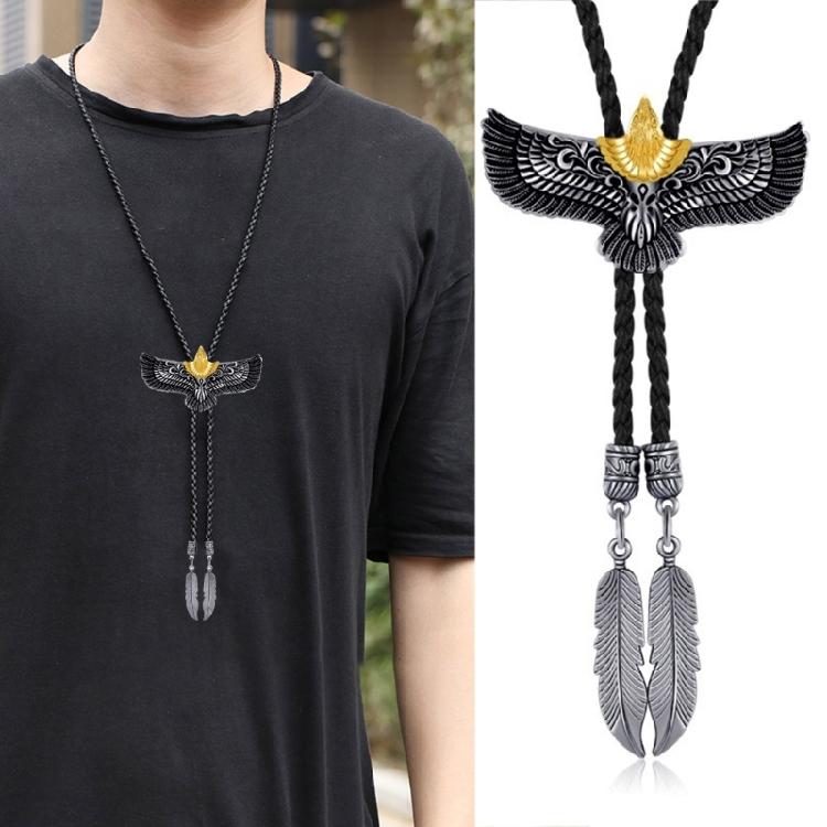 Bolo Tie Leather Rope Metal Flying Eagle Western Necklace with Feathered Pendant
