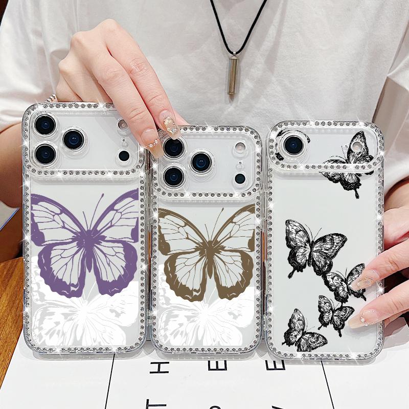 Luxury Bling Diamond TPU Phone Case For iPhone 17 Air 16e 16 14 15 13 17 Pro Max 15 16 Plus 17 Simple Butterfly Print ShockProof Case Cover