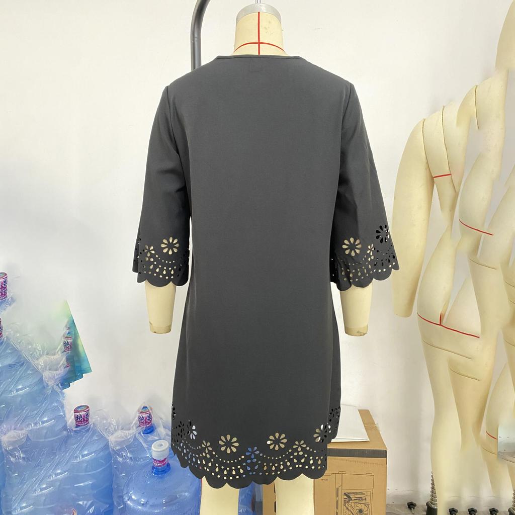 Women Loose High Waist A Line Summer Dress V Neck Lace Burnt Flower Half Sleeve Solid Color Sizes S XL