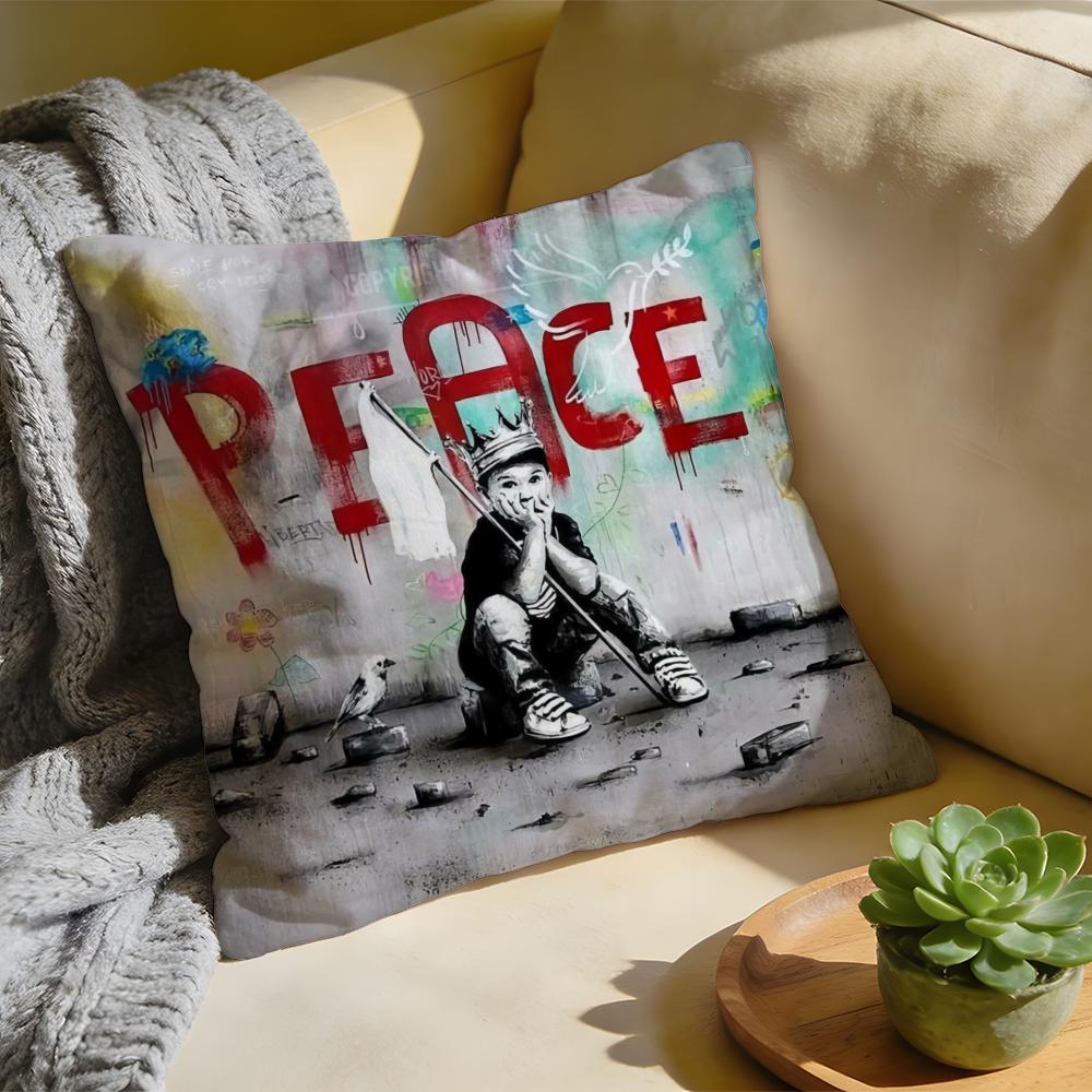 Cushion Cover Washed Linen Soft Breathable Decorative Case for Sofa Home Pillow Cover Banksy Street Graffiti Art