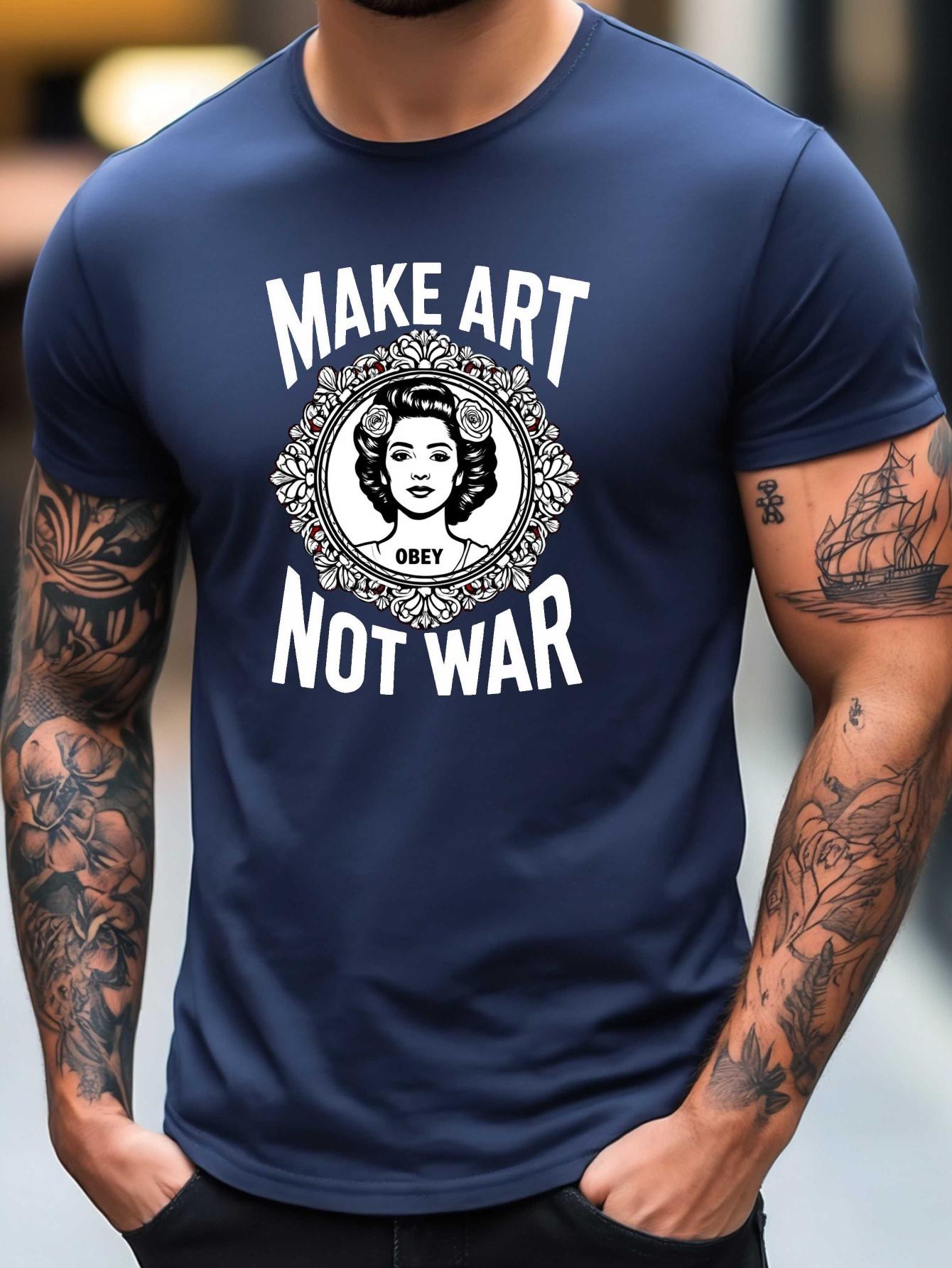 605 Cotton Blend Graphic T-shirt - Make Art Not War Printed Summer Tee with Micro-Stretch Knit Fabric XXL