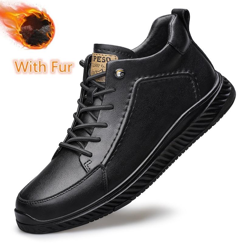 Mens Sneakers Genuine Leather Men's Boots Winter Platform Warm Fur Ankle Short Lace Up Novelty Concise Casual Work Shoes Botas