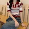 Black and White Striped Polo Collar Front Shoulder Short-sleeved T-shirt Women's Summer Design Sense Casual Short Lapel Knit Top