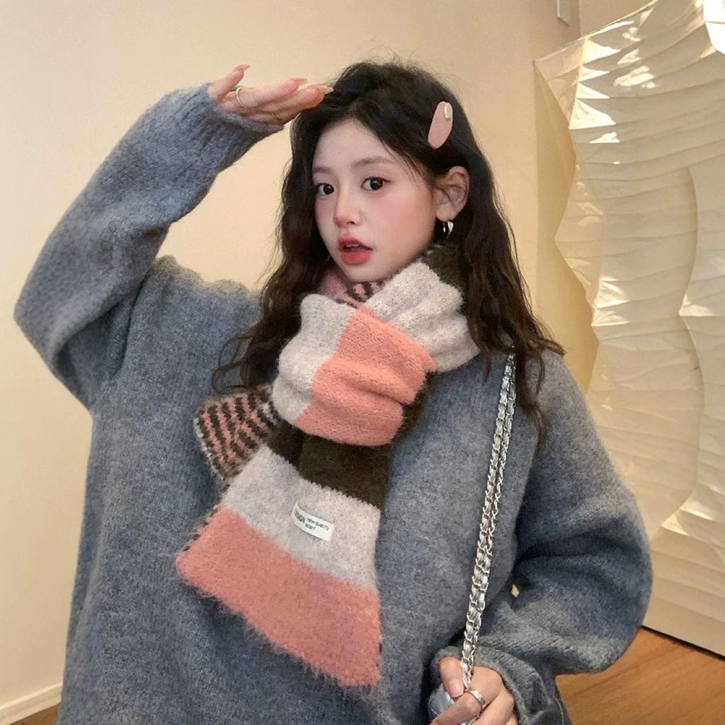 Color-Block Striped Knitted Wool Scarf Korean Style Women's Autumn Winter Versatile Thickened Warm Neck Warmer
