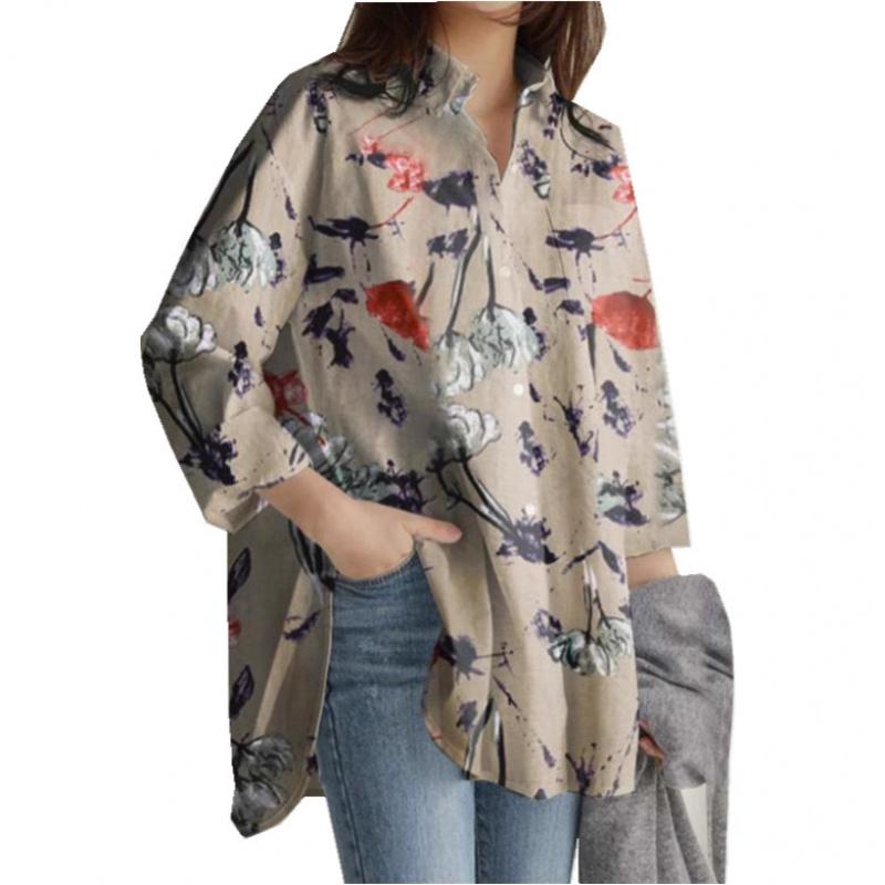 Langärmeliges lockeres Übergrößen-Freizeitshirt für Damen mit unregelmäßigem Druck