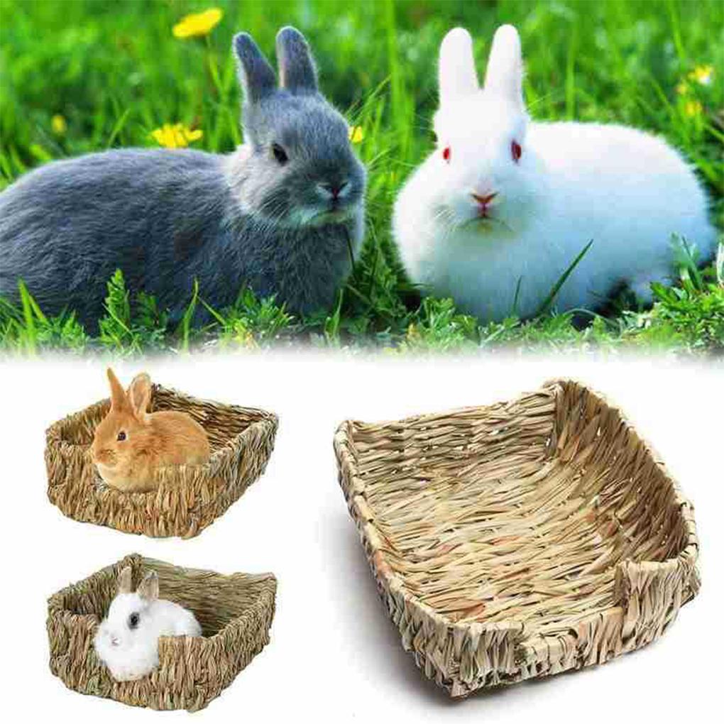 Woven Straw Nest Rabbit Guinea Pigs House Rectangular Shape Pet Cage Accessories Cottage Chew Toys Playing Nesting Bed