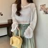 Loose lantern sleeves short hollow blouse women's summer tulle mesh candy color sweet round neck long-sleeved knitted sweater