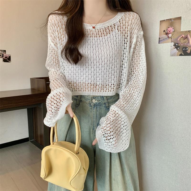Loose lantern sleeves short hollow blouse women's summer tulle mesh candy color sweet round neck long-sleeved knitted sweater