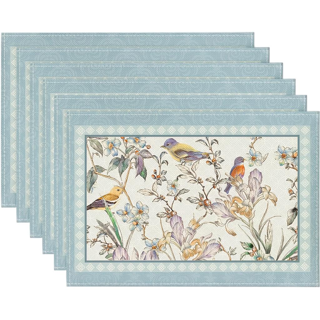 [Party Kitchen Decoration] 4/6Pcs, Blue Birds Flowers Blossom Placemats For Table Runner Party Kitchen Dining Decoration 12x18 Inch