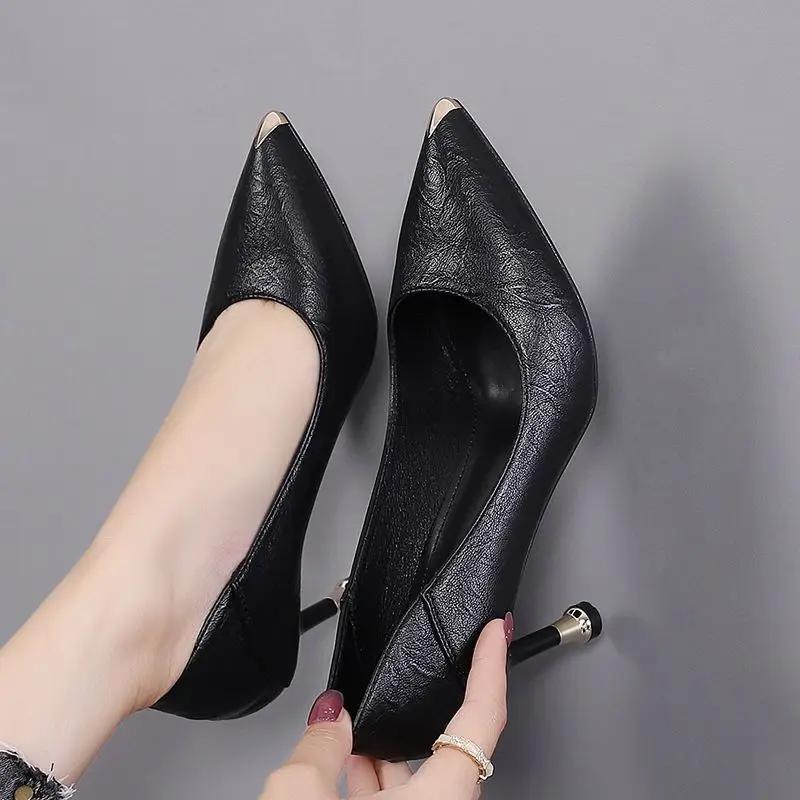 Metal Decoration Thin Heels Ladies Footwear Normal Leather Casual Women's Shoes High Pointed Toe Office On Heeled Beige Pumps E