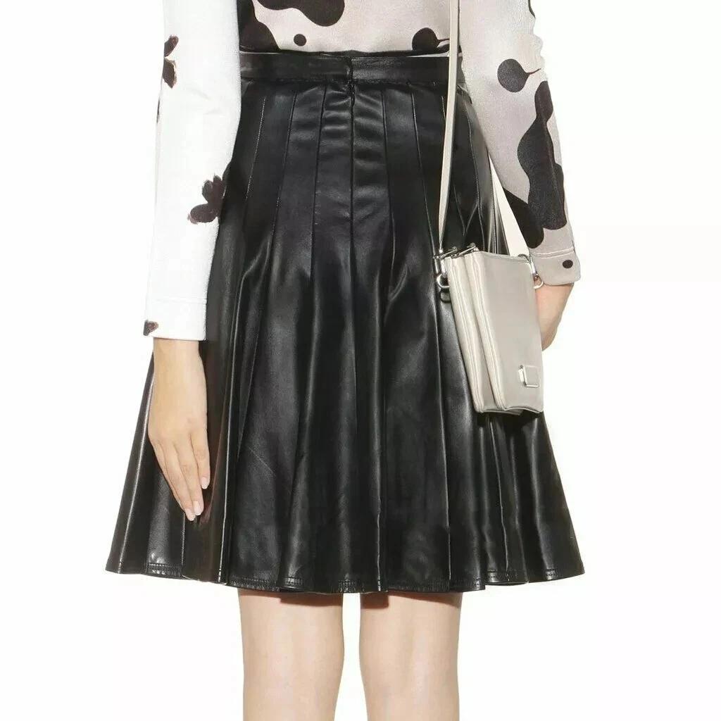 Měkká Pravá Černá Ručně Šitá Kůže Párty Oblečení Jehněčí Kůže Dámská Sukně Stylová