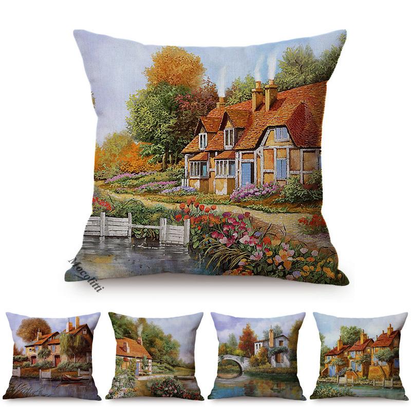 Monika Chen Unisex Beautiful Rural Landscape Happy Cottage Childhood Memory Oil Painting Sofa Decorative Pillow Case Car Cushion Cover Cojines
