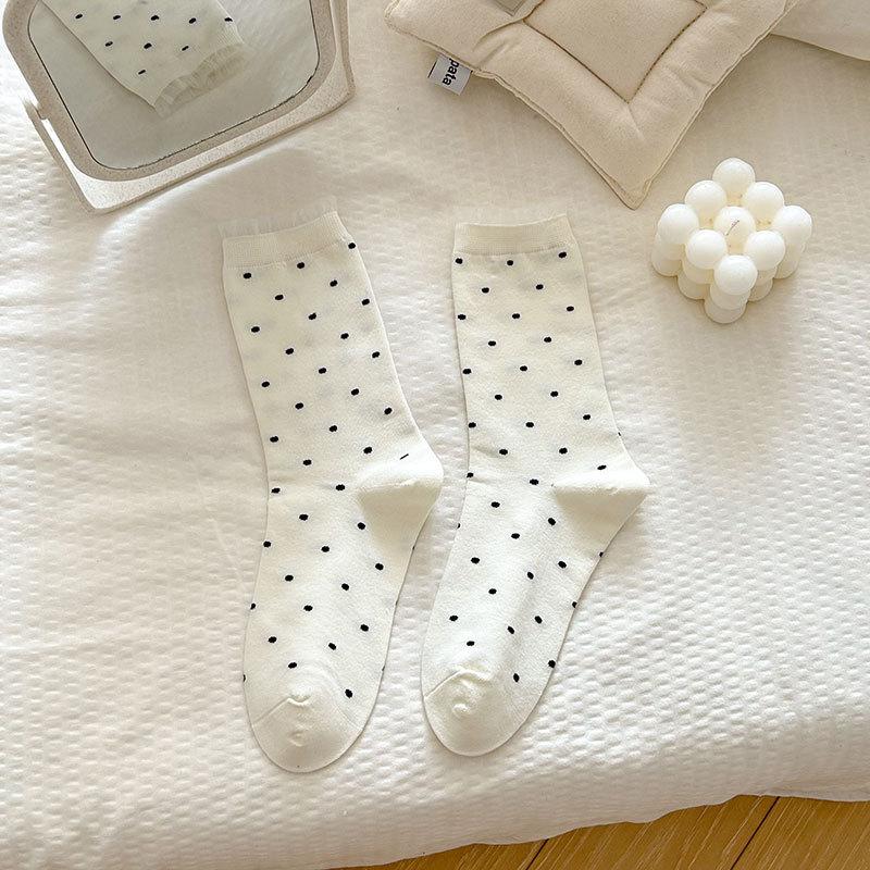 Women's Socks, Spring and Autumn Thin Cream-colored Cute Bow Polka Dot Heart-shaped Lace Mid-calf Socks