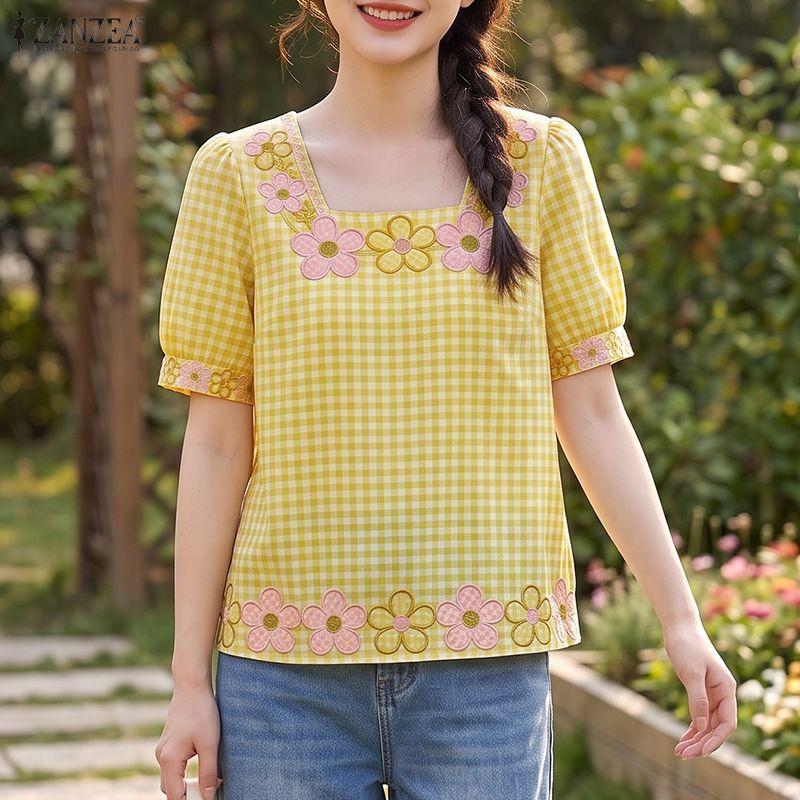 ZANZEA Women Casual Square Collar Loose Summer Short Sleeve Plaid Print Blouse