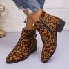 Women's 2025 Leopard Print Chelsea Boots Pointed Toe Suede Leather Side Zipper Buckle Detail Chunky Heel Wide Width Ankle Boots