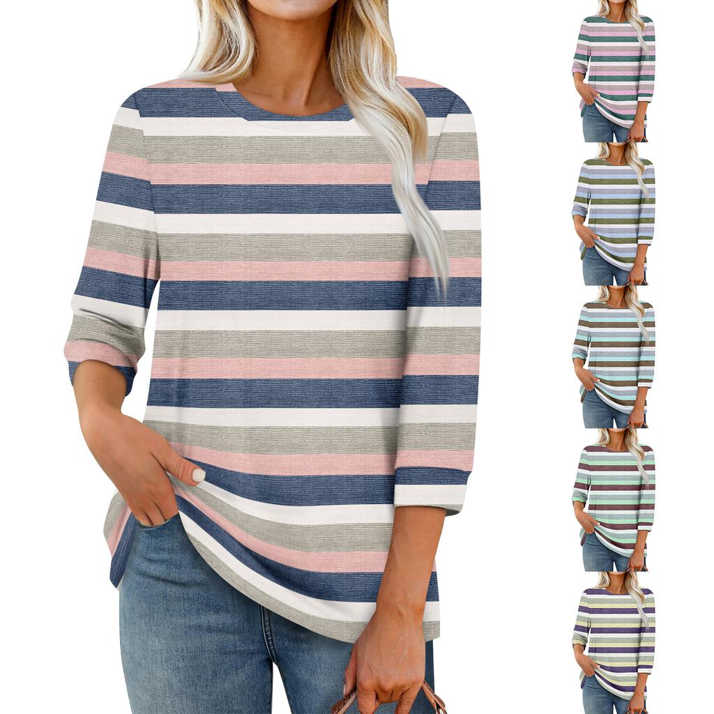 Women's Fashion Casual Seven Sleeve T-Shirt Print Round Neck Top