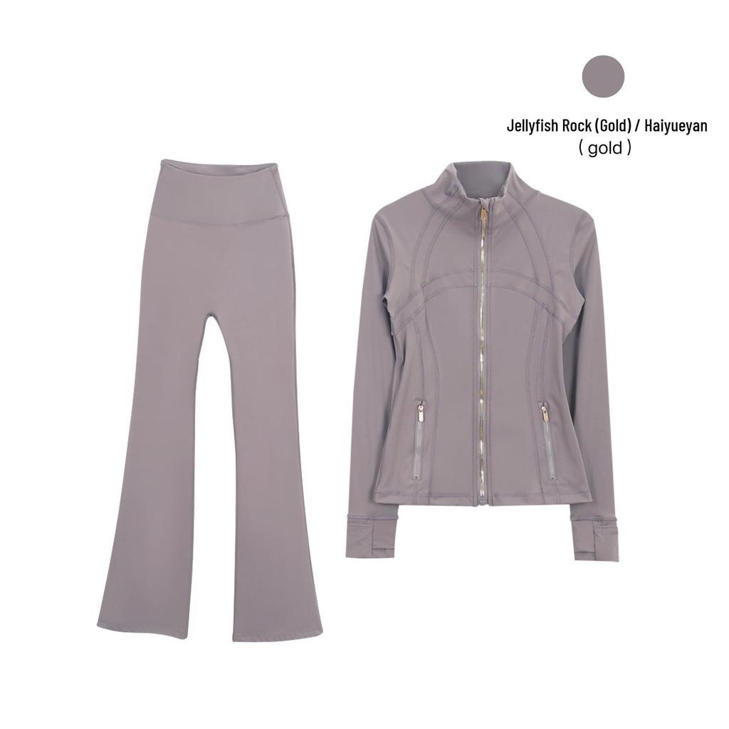 In Stock: Women's Gold Jacket & Flare Pants - High Stretch, Slimming Sports Yoga Set