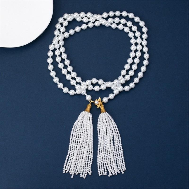 Imitation Pearls Bead Necklace Tassels Choker Elegant Fringes Neckchain Fashion Accessory for Sweaters and Waist