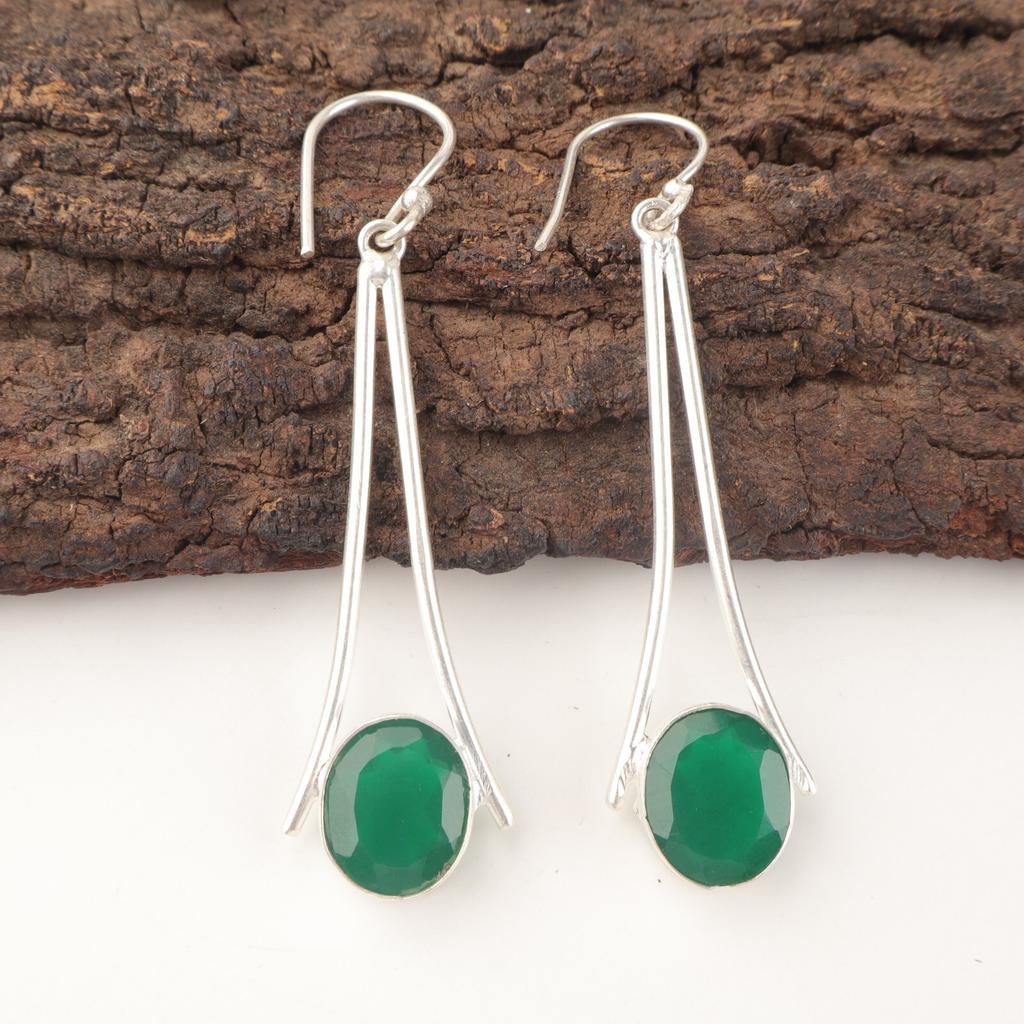 Oval Natural Green Onyx 925 Silver New Drop Sisters Gift Ethnic Earrings Jewelry EE-136-17