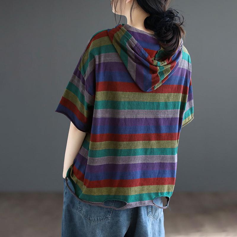 T-shirt for Women Summer Large Size Cotton T-shirt Soft Loose Striped Casual Comfortable Pullover T-shirt Top