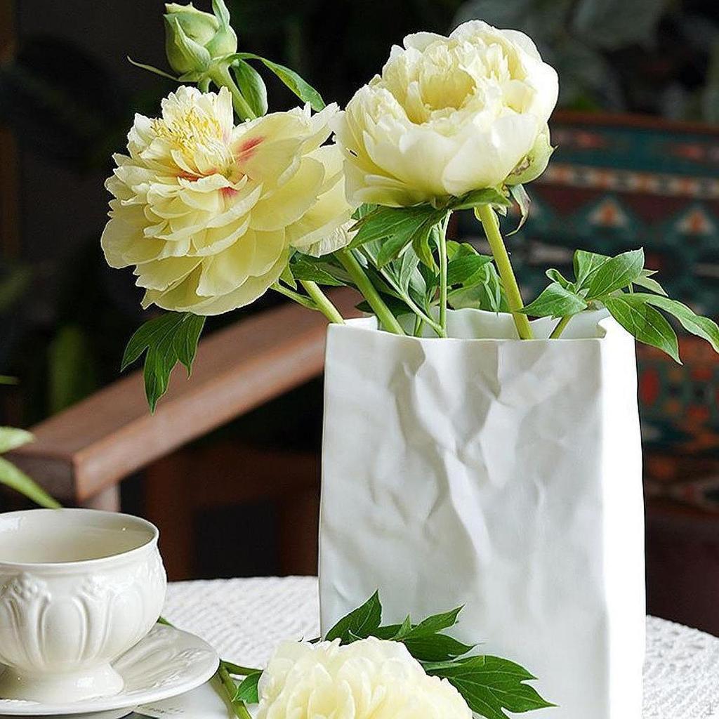 White Crinkle Paper Bag Ceramic Vase 7.6inch Tall Flower Arrangement Container Tabletop Decoration