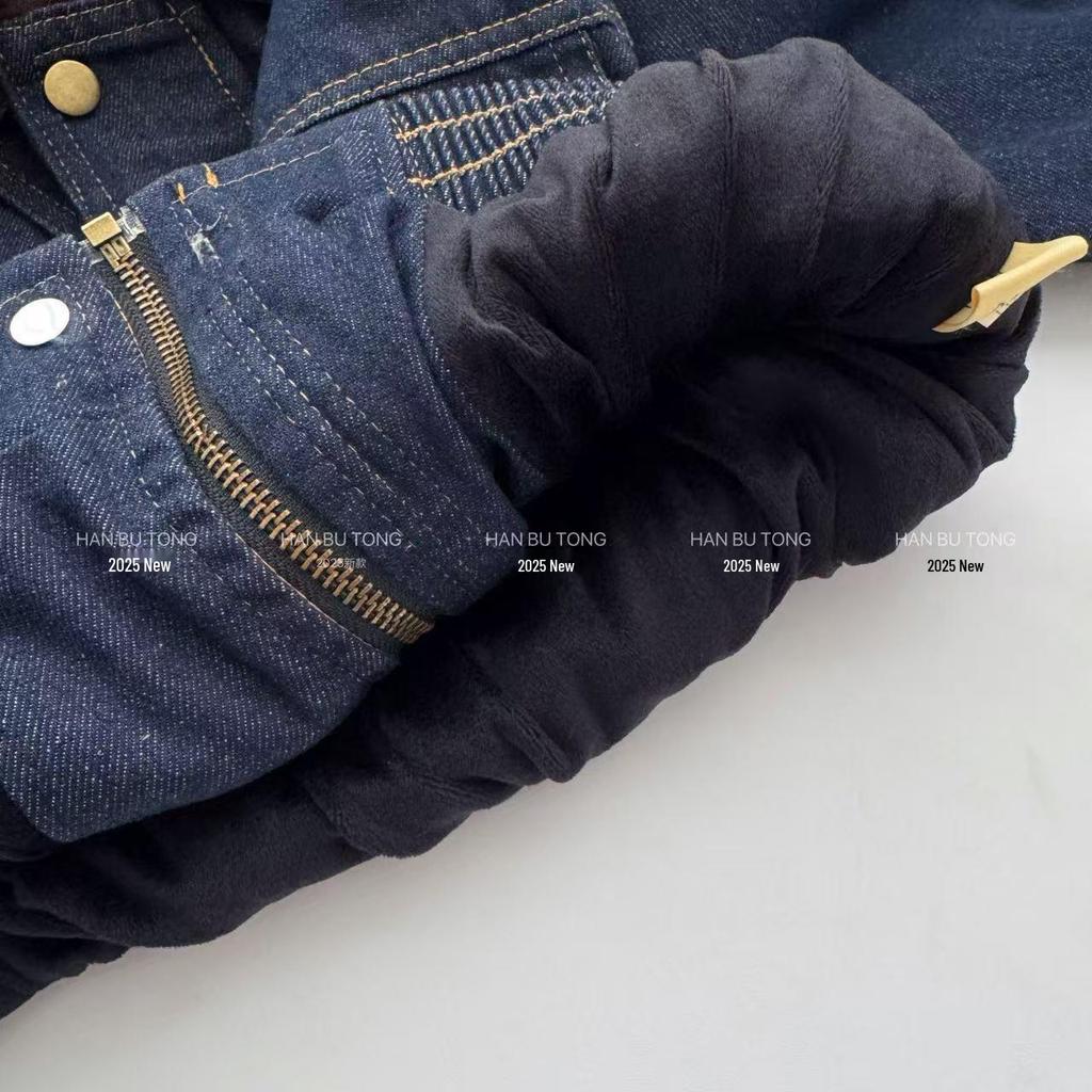 Mädchen Denim Set Herbst-Winter 2025: Jacke mit Pelzkragen & Weitbeinige Hose mit Samtfutter