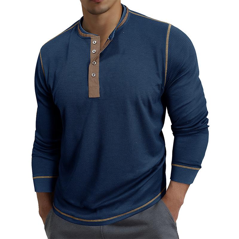 Men's Round Neck Contrast Color Long Sleeve POLO Shirt T-shirt Undershirt Retro British Style Bottoming Tees