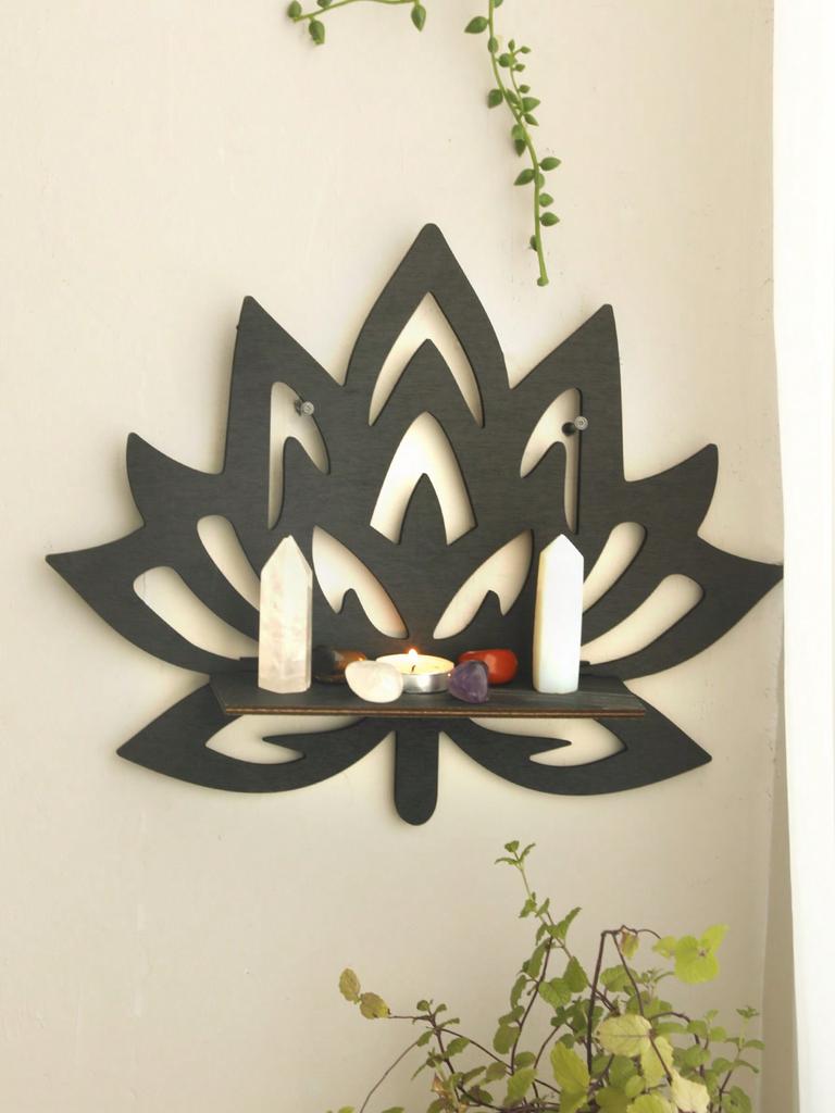 Lotus Crystal Corner Shelf Crystal Shelf Display Black Wooden Wall Shelves Essential Oil Shelf Witchy Decor Aesthetic Spiritual