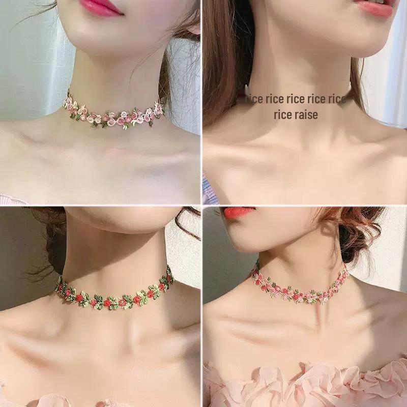 Pfirsichrosa Spitzenblumen Choker-Halskette: Japanisch & Koreanisch Mori-Stil