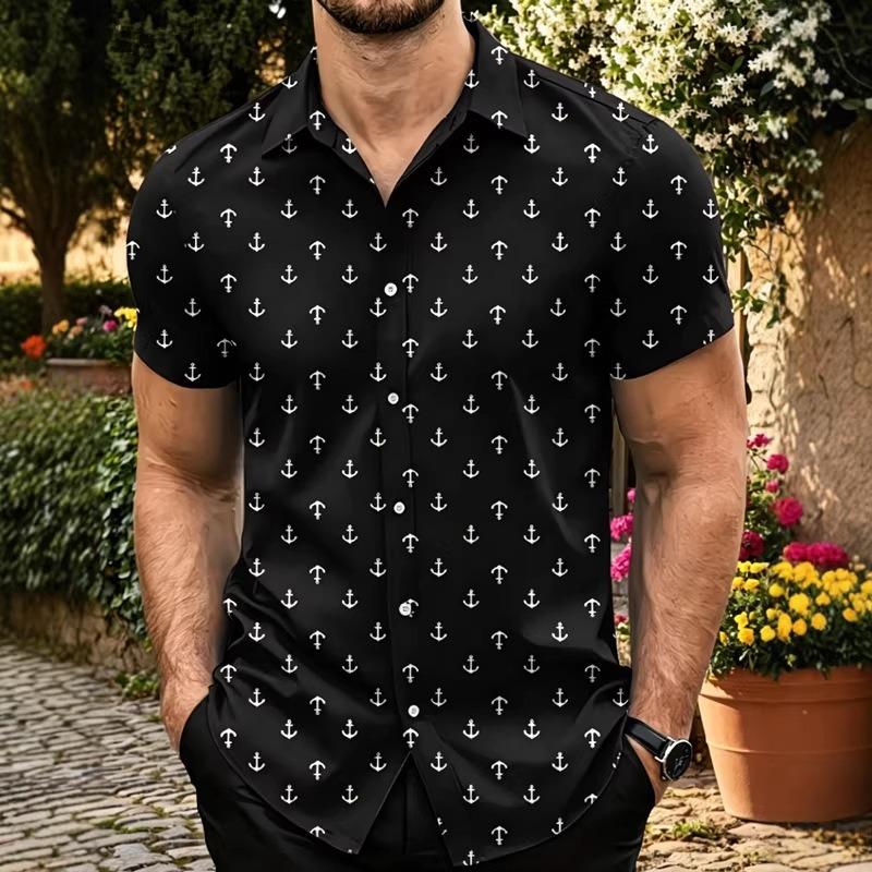 Men s Green Anchor Print Short Sleeve Shirt Casual Button Down Nautical Style Blouse M чёрный