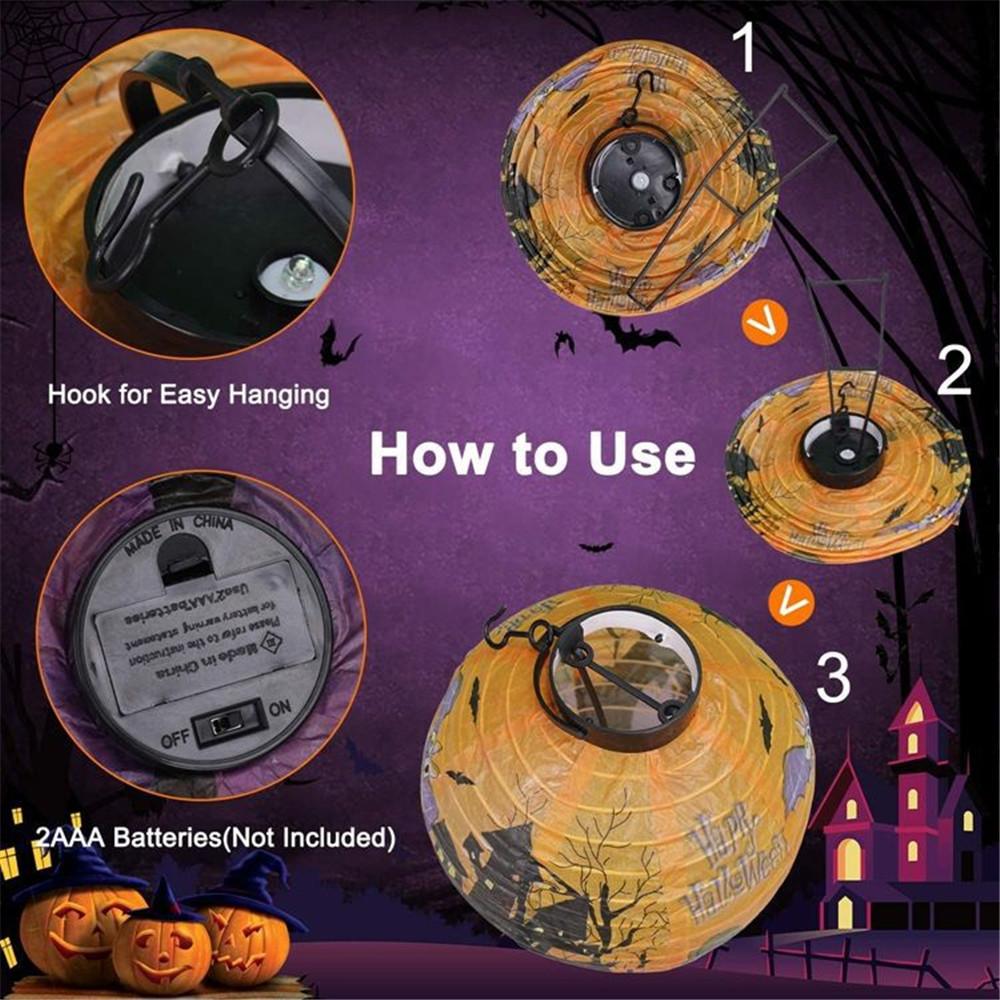 6 Pcs Halloween Decorations Paper Lanterns With LED Light  Bats Spiders Skeleton Castle