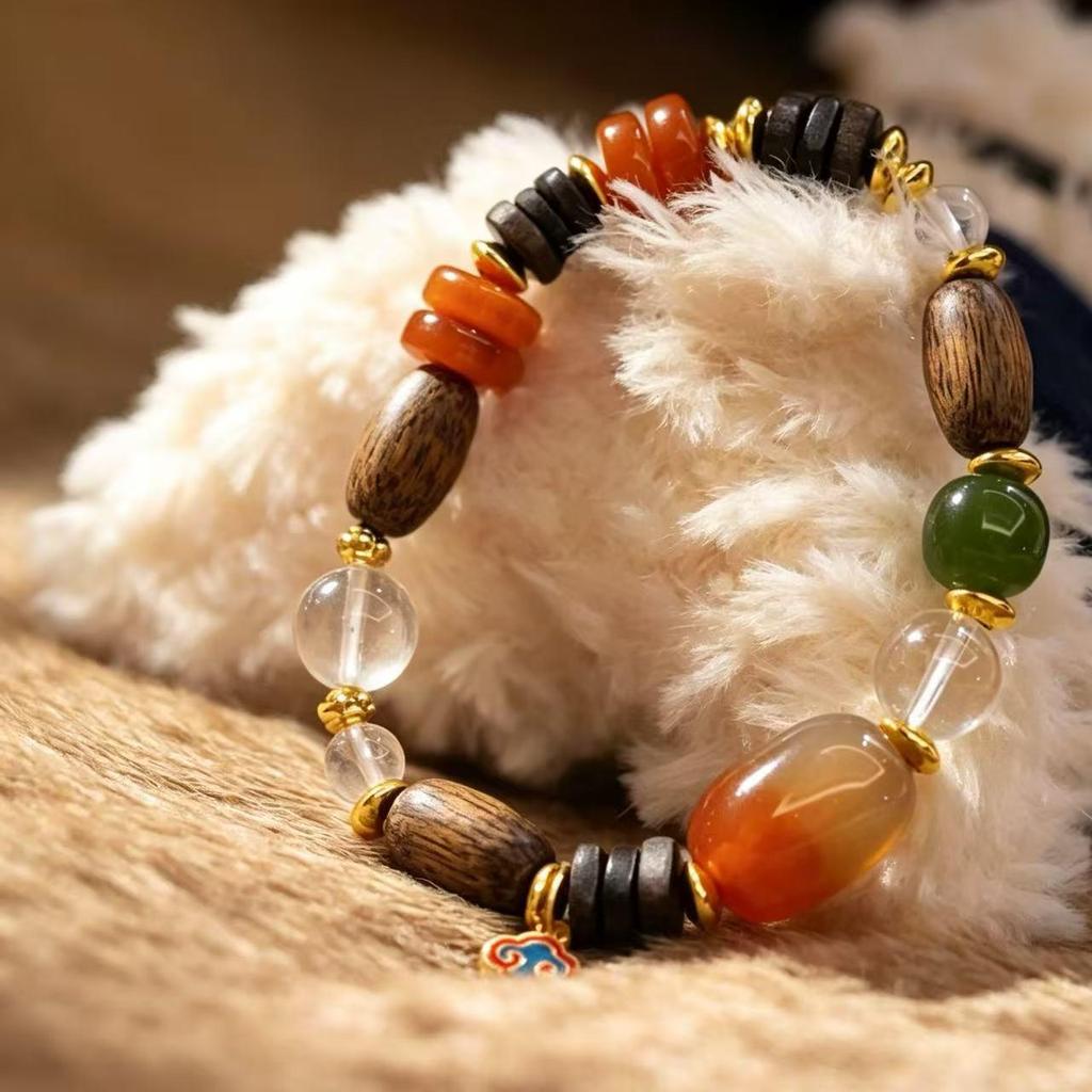 Exquisite Agarwood White Crystal & Imitation Beeswax Carved Bracelet