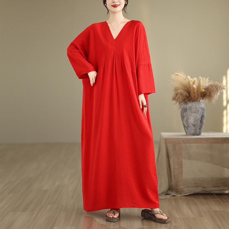 French High-End V-Neck Long Sleeve Red Sun Protection Loose Dress for Women Plus Size красный