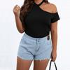 Sommer Casual Rundhals Off Shoulder Slim Fit Crop Top Damen Schickes Kurzarm T-Shirt Elastische Taille Übergröße Crop Top Pendler Crop Top
