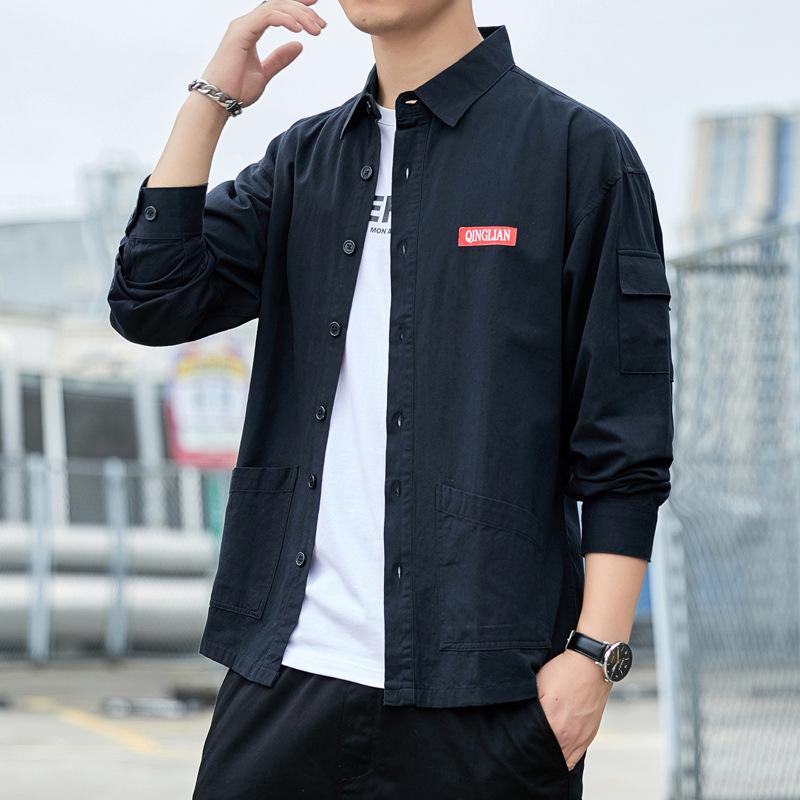 Spring Men's Japanese Trendy Brand Workwear Long-sleeved Washed Cotton Shirts for Teenagers, Students, and Older Children's Men's Clothing
