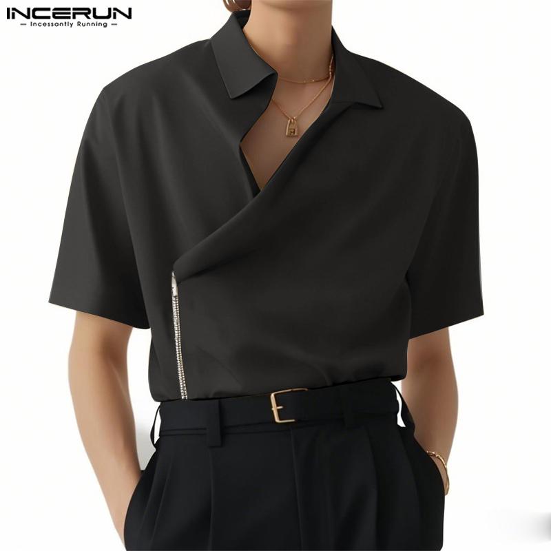 

INCERUN Summer Men Cutout Neck Short Sleeve Side Zip-up Casual Shirts XL