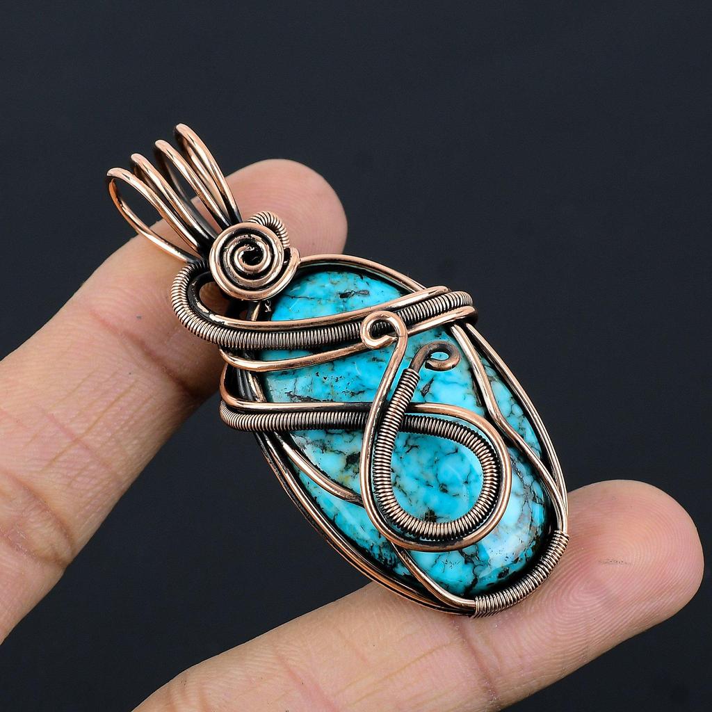 Tibetan Turquoise Pendant, 999 Copper Wire Wrapped Gemstone Jewelry, Handmade Pendant, For Thanksgiving