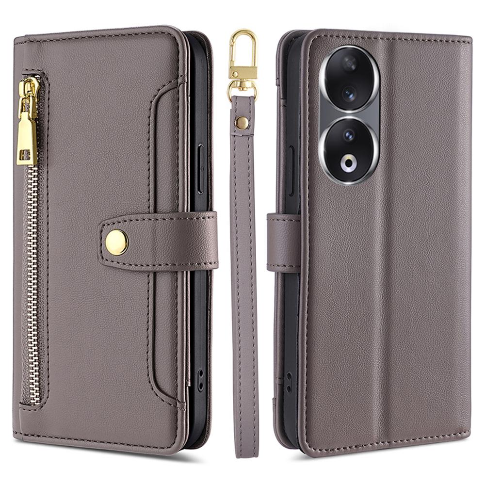 

Кожаный чехол-книжка для телефона Honor 90 с карманом на молнии, множеством слотов для карт, противоударной крышкой и ремешками Grey